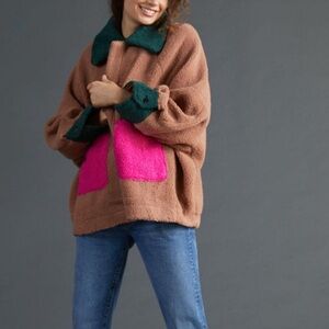 Anthropologie Brown Teddy Coat with Pink Pockets